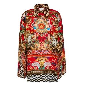 Camilla Crystal Silk Crepe Blouse Red Print Relaxed Fit Large NWT